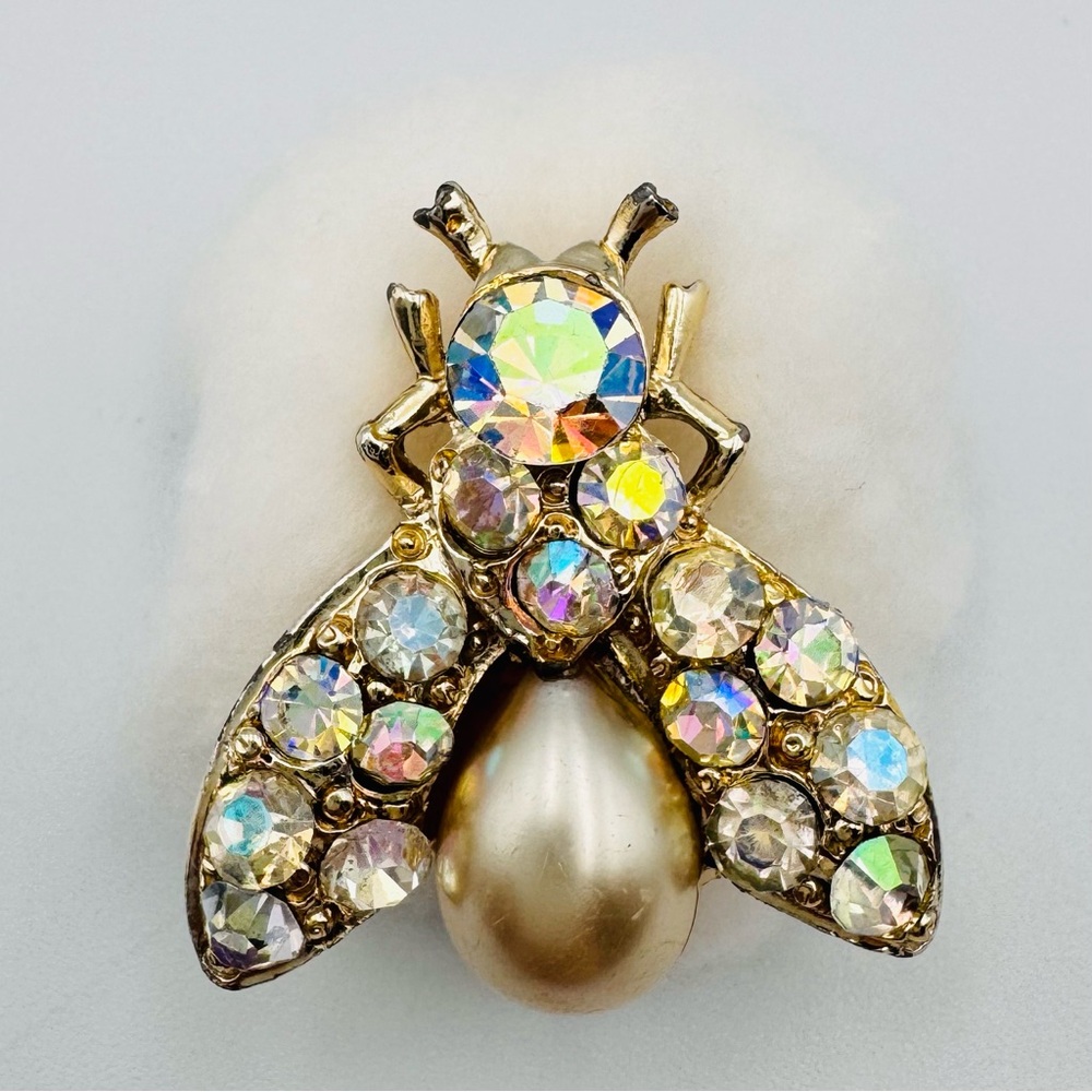 Bee Pin Brooch White Pearl Rhinestones Gold Tone Metal Base Super Sparkly